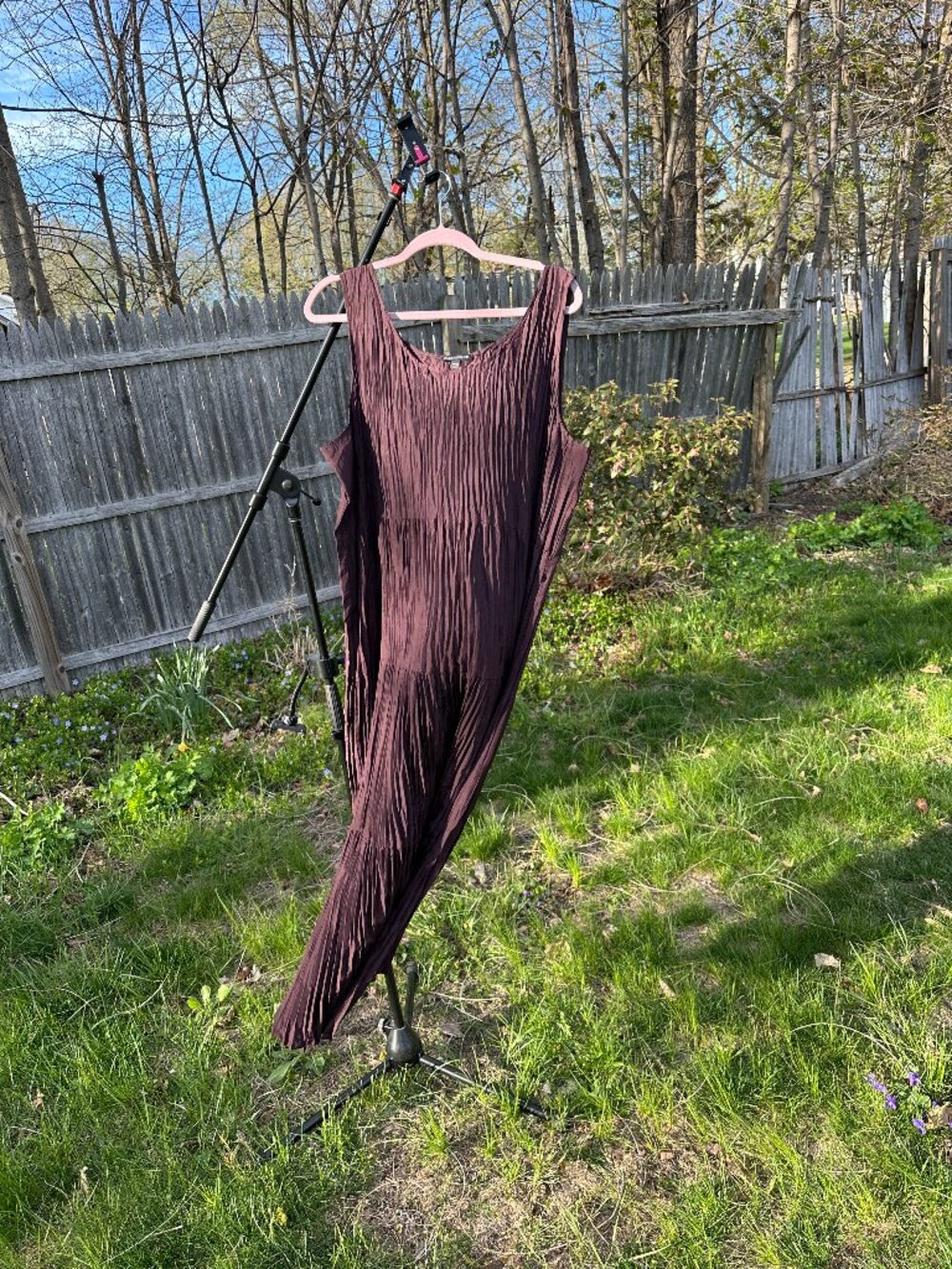 Eileen Fisher 100% Crushed Silk Tiered Pleated Midi Dress - Size 2X Cocoa/Brown
